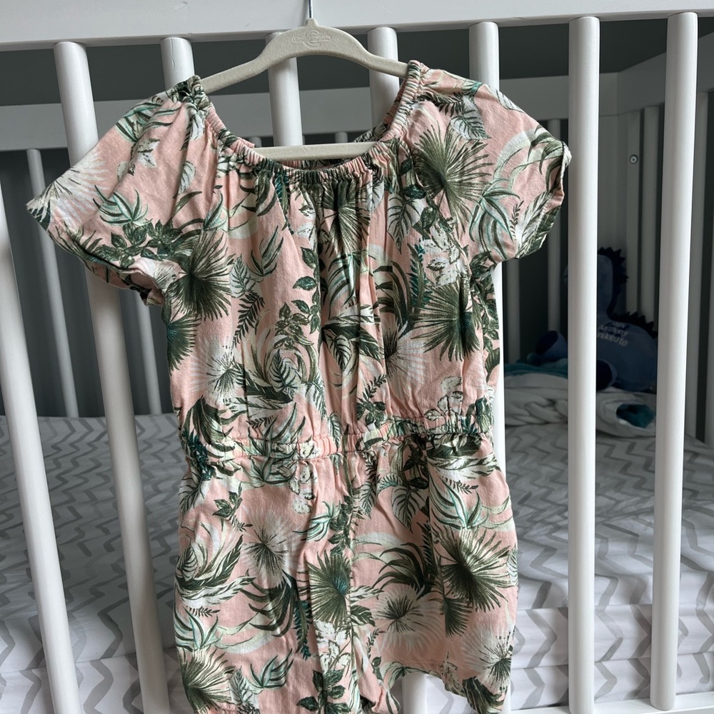 Old Navy Pink and Green Leaf Print Romper 4T